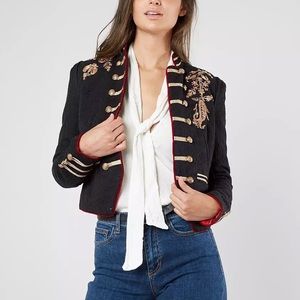 Free People Lauren Band Military Embroidered Black Gold Red Jacket S